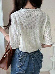 FRIFUL Women's Mesh Hollow Contrast Color Frill Trim Relaxed Fit Casual Cute Loose Short Sleeve T-Shirt, Spring/Summer Eyelet Top Summer Tops Short Sleeve Tops Knit Tops Women Tops - Beige - View 5