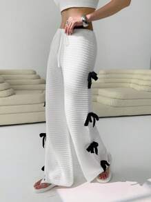 SHEIN EZwear Pantalon tricoté casual à nœud papillon pour femme - Blanc - Voir 4