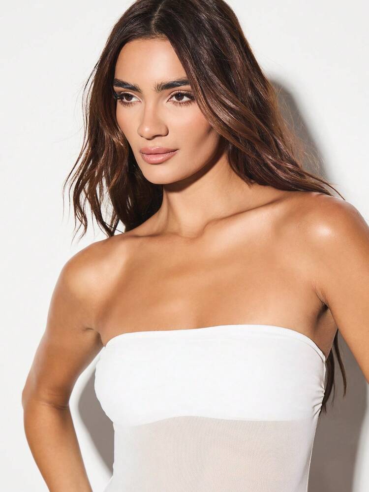 KIZN Strapless Mesh Panel One Piece Swimsuit With High Cut Design