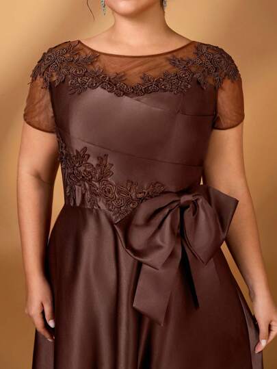 Serin Plus Size Elegant Gorgeous Romantic Coffee Color Mesh Splicing Satin Pleated Luxury Sequins Applique Short Sleeves Bow A-Line Hem Suitable For Dinner Bachelorette Party Date Holiday Dance Music Festival Wedding Event Bride Mother Dress Formal Dresses For Wedding Guest Vintage Dress