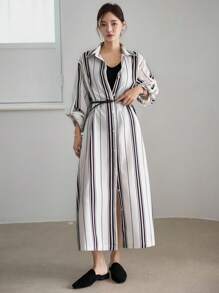 Dazy-Less Langarm gestreiftes Midikleid in lockerer Passform, Casual/Business Formelle Kleidung für Damen, Frühling/Sommer/Herbst