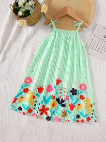 女童印花休闲度假吊带A字连衣裙 夏季连衣裙 女童碎花吊带裙 绿色条纹连衣裙 女童夏季连衣裙 碎花吊带裙 夏季连衣裙 夏季连衣裙 女童碎花连衣裙 - 綠色 - 查看 2