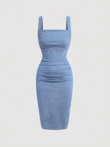 SHEIN MOD 女式方领褶饰修身牛仔无袖连衣裙 - 淺色水洗藍 - 查看 1