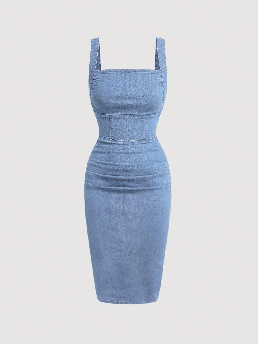SHEIN MOD 女式方领褶饰修身牛仔无袖连衣裙 - 淺色水洗藍 - 查看 1