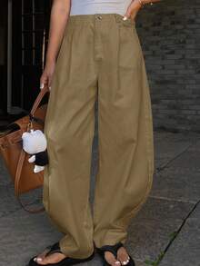 DAZY 女士纯色宽松哈伦裤，带口袋，休闲春夏长裤 - 咖啡棕 - 查看 3