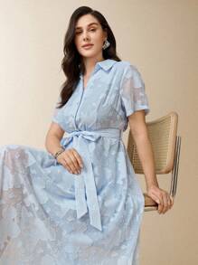 Flouryn 大码女式 Polo 领短袖雪纺连衣裙，新款时尚提花宽松 A 字裙 - 藍色 - 查看 1