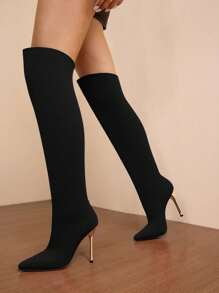 Daringsoles 女士尖头细高跟性感水钻闪亮派对靴过膝绒面黑色靴子，秋冬 - 黑色 - 查看 10