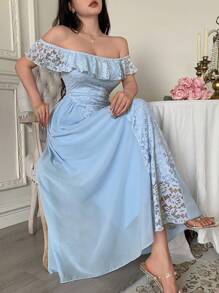 Modelyn Damen Chiffon Kleid mit Spitzeneinsätzen, carmen-Ausschnitt und geschmückter Taille für den Sommer