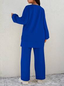 EURMUSE Plus Size Solid Color Asymmetrical Hem Top And Loose Pants 2pcs/Set - Navy Blue - View 2