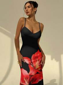 Aloruh 细肩带紧身节日花卉性感印花女式连衣裙，红百合，夏威夷花卉连衣裙，适合海滩、度假、派对、优雅约会、波西米亚风格服装、紧身连衣裙