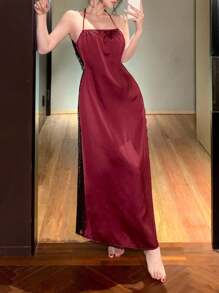 DAZY Đầm ngủ gợi cảm cổ yếm phối ren tương phản màu sắc, váy ngủ đỏ dành cho nữ, đồ lót cho phụ nữ. - Màu Đỏ Sâu - Xem 5