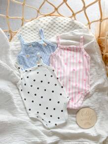 Bộ 3 áo liền quần dệt kim họa tiết kẻ caro và hoa dễ thương cho bé gái sơ sinh mùa hè - Nhiều màu - Xem 2
