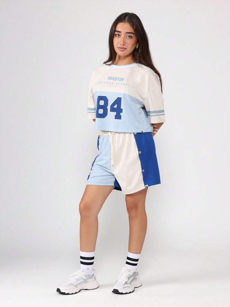 College League Crop Top And Shorts Set With Side Buttons