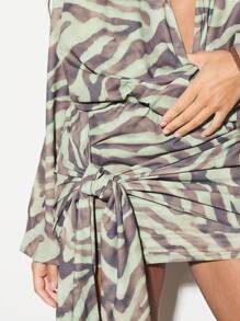 KIZN Long Sleeve Tiger Print Mini Dress Flowing Wrap Design Unique Party Evening Occasion Wear V-Neck Statement Drape Side Detail Resort Vacation Style Elegant Fashion - Green - View 4