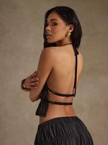 Hauture 性感夏季休闲纯色褶皱吊带上衣 - 黑色 - 查看 3