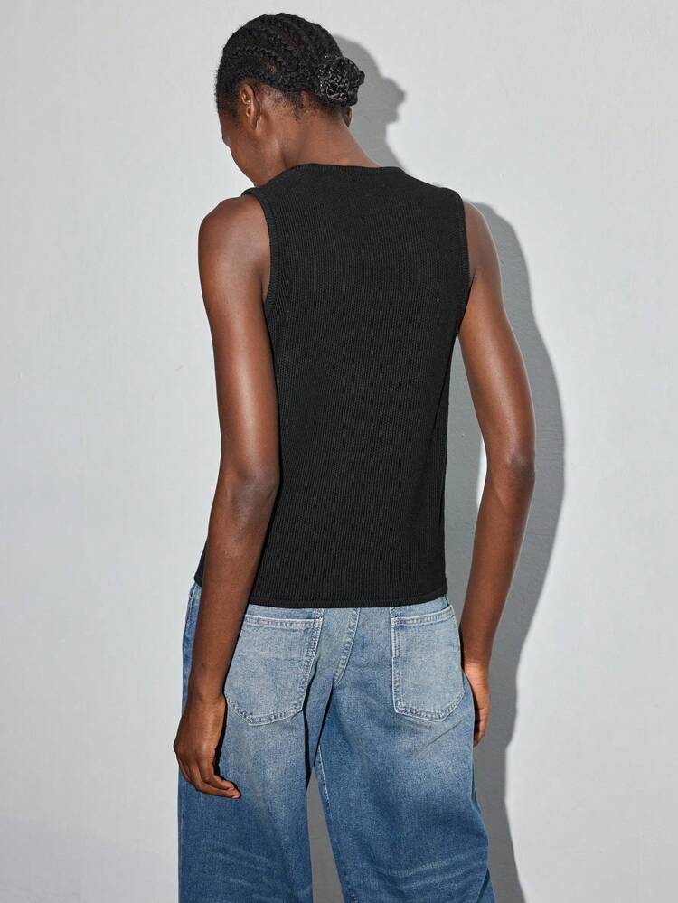 SHEIN Maija Blusa de punto sin mangas de cuello en V de un solo botonadura casual y pantalones vaqueros de pierna ancha para mujer, ropa de mujer para otoño