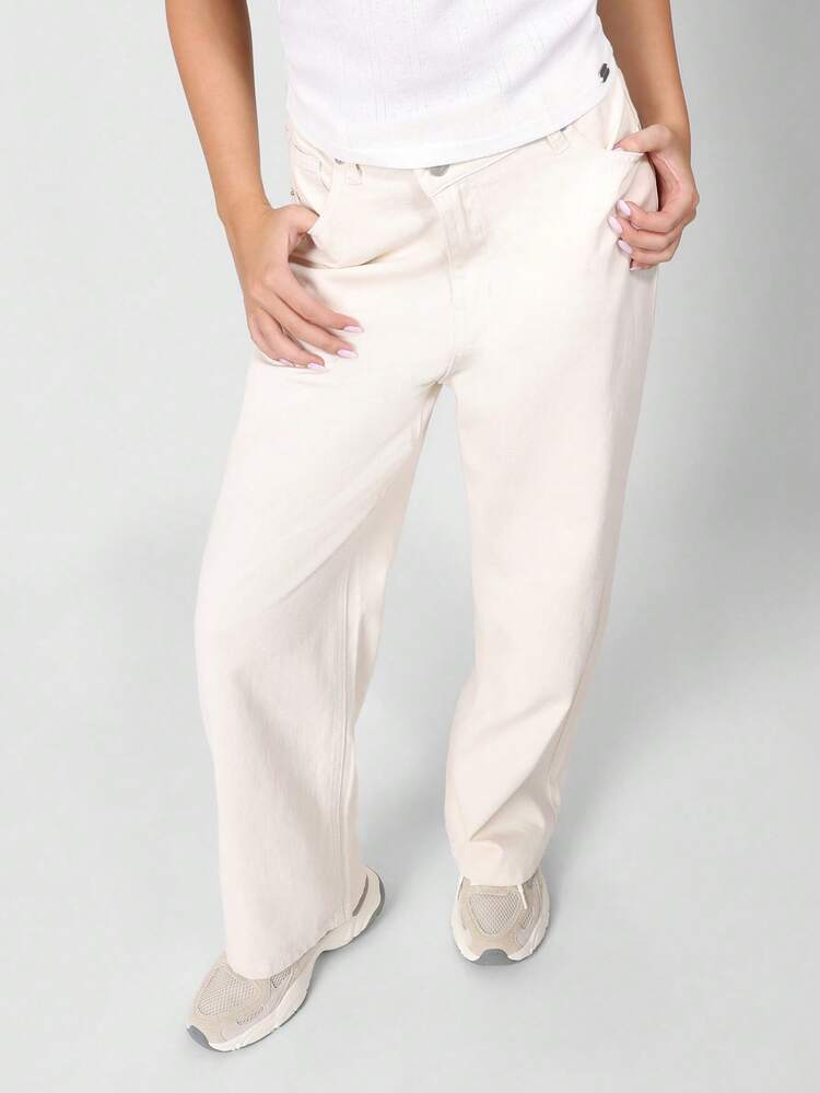 Wide Leg High Rise Denim Pants With Asymmetric Waistband