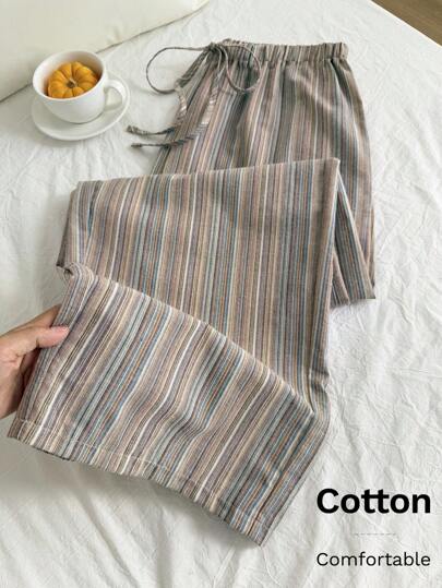 Comfortcana Cotton Linen Texture Striped Tie-Up Waist Comfortable Casual Plus Size Pants Cotton Pants Striped Pants Comfortable Pants