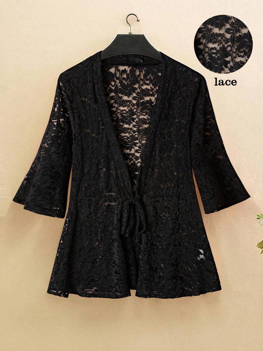 SHEIN LUNE Women's Double-Breasted Hollow Transparent Lace Trumpet Sleeve Jacket Going Out Tops Vacation Elegant Lace Top