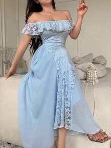 Modelyn Damen Chiffon Kleid mit Spitzeneinsätzen, carmen-Ausschnitt und geschmückter Taille für den Sommer