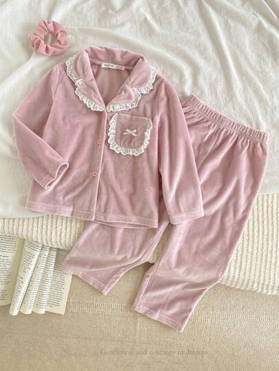 SHEIN Genkimix Kids 2pcs Young Girl Simple Chic Casual Ruffle Splice Long Sleeve Top And Pants Pajama Set Girls Pajama Set Ruffle Pajama Set Pink Pajama Set Backto SchoolFashion Fall Winter