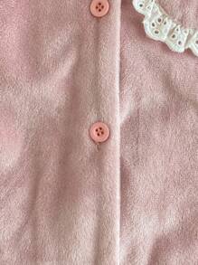 SHEIN Genkimix Kids 2 件年轻女孩简约时尚休闲荷叶边拼接长袖上衣和裤子睡衣套装女童睡衣套装荷叶边睡衣套装粉色睡衣套装返校时尚 - 淡紫色 - 查看 7