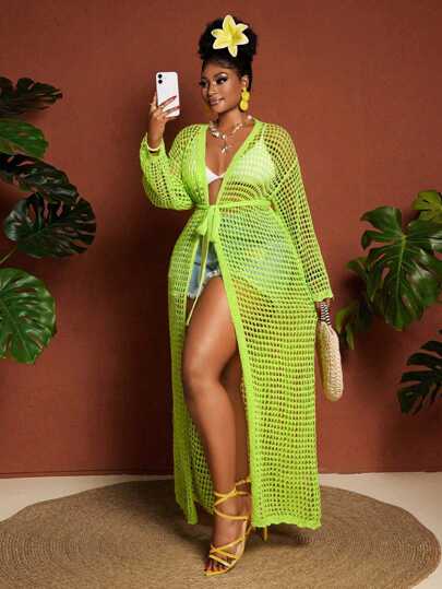 Maweii 大码女式度假夏季纯色薄荷绿针织开衫，镂空针织宽松休闲长款春季复活节度假开衫