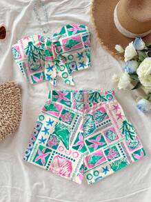 Soleia Women's 2 Pieces Vacation Summer Ocean Element Shell Coral Print Set, Casual Holiday, Daily, Beach Resort - Green - View 1