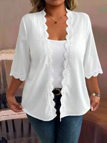 EMERY ROSE Cárdigan abierto de unicolor con mangas con volantes para mujer de talla grande, blusa casual