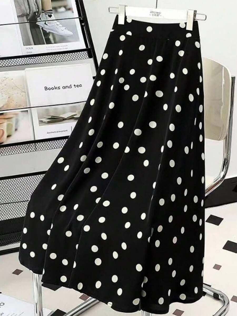 女士优雅通勤圆点印花半身裙 - 黑色 - 查看 1