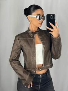 SHEIN ICON Women's Zip Front Stand Collar Fashion PU Leather Long Sleeve Jacket Fall Women Clothes