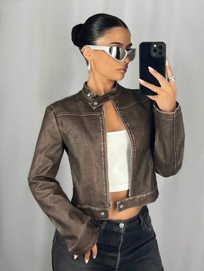 SHEIN ICON Women's Zip Front Stand Collar Fashion PU Leather Long Sleeve Jacket Fall Women Clothes