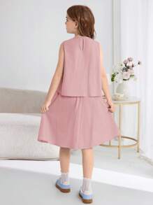 SHEIN Tween Girls Comfortable Solid Color Sleeveless Top And Mini Skirt 2-Piece Set - Dusty Pink - View 2