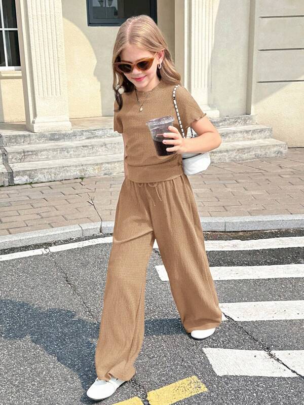 SHEIN Casual Semi-Sheer Short Sleeve Tee And Long Sweatpants Set For Girls In Everyday Style Teen Girl Brown Set 2pcs Set, Tween Girl Wide Leg Pants And Top Kids Wide Leg Pants Set Girls Two Piece Wide Leg Outfit Teen Outfit Wide Leg Jumpsuit