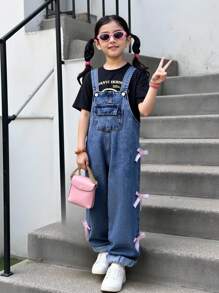 Young Girls Retro Mid-Blue Washed Denim Loose Straight Fit Overalls With Bow Decoration, Soft & Comfortable Casual Wear Toddler Girl Overalls Girl Denim Overalls Overalls With Bows Jeans With Pink Bows Bow Jeans