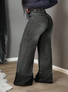 Slaydiva Plus Size Casual Washed High Waist Wide Leg Jeans,Fall Clothes For Women - Grey - View 4