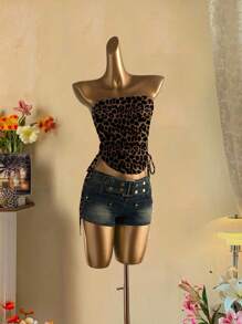 Attitoon 豹纹图案性感风格女式褶皱系带抹胸上衣 - 彩色 - 查看 5