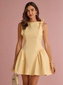 Enchnt 夏/秋浪漫女士奶油黄色蝴蝶结装饰褶饰荷叶边下摆无袖公主可爱迷你连衣裙 - 黃色 - 查看 1