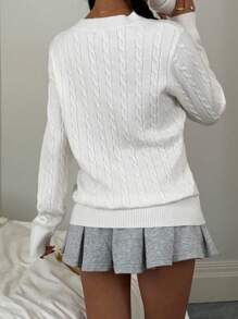 SHEIN 青少年女孩纯白色 V 领宽松针织毛衣，简约极简主义，适合学校、秋冬的百搭套头衫白色麻花针织毛衣白色 V 领毛衣麻花针织毛衣纹理针织毛衣白色针织毛衣白色针织上衣女士白色毛衣麻花针织 V 领 - 白色 - 查看 4