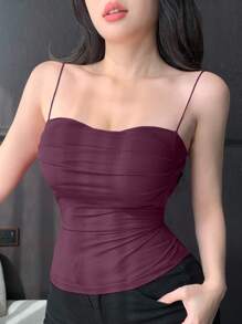 DAZY Self-Padded Bust Pleated Design Fitted Camisole Thin Strap Base Top Crop Women Tops - Burgundy - View 5