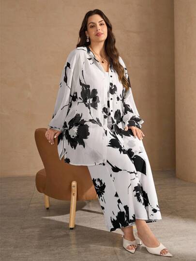 Chikora Plus Size Women 2pcs Black & White Floral Print Long Set Business Casual Outfits Women  Business Casual  Business Casual Woman Curve  Business Casual Outfits Women  Business Casual  Business Casual Woman Curve
