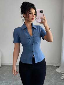 Elenzga 牛仔效果面料设计蝴蝶结短袖衬衫