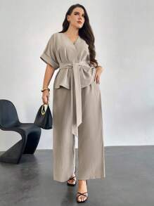 Firerie Plus Size Casual Solid Color Short Sleeve Top And Loose Pants 2 Pieces Set,Business Casual Woman