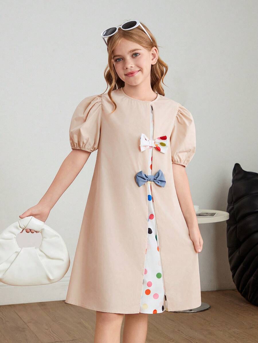 SHEIN Leap Crew Tween Girls Casual Loose Fit Colorblock Patchwork Decorative Bowknot Bubble Sleeve A-Line Dress - Multicolor - View 1