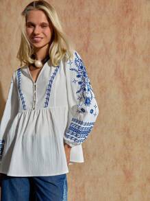 Bóhologie White Blouse Button Front Detailed With Flower Embroidery, Lantern Sleeves, Boho Style - White - View 4