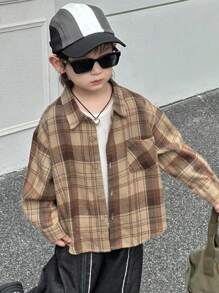 Dazy Kids 男童宽松格子长袖衬衫，休闲秋季款 - 棕色 - 查看 4