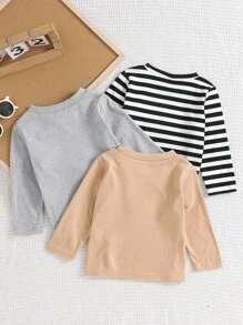 SHEIN 3 Piece Set Baby Boy Crew Neck Long Sleeve Tees,Black And White Striped,Plain,Autumn,Casual,Carrer Day,Back-To-School,Thicker Thermal Lined Soft Tops - Multicolor - View 2