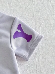 SHEIN 2 件女婴可爱标语印花重磅针织运动衫和短裤套装，休闲日常装 - 淺灰紫 - 查看 5