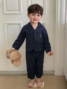 Hapijoa 男婴纯色圆领休闲T恤搭配条纹休闲裤家居服套装，幼儿秋装 - 藏蓝色 - 查看 3