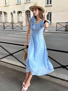 Chiquease 轻奢蓝色荷叶边泡泡袖女士连衣裙 - 藍色 - 查看 2